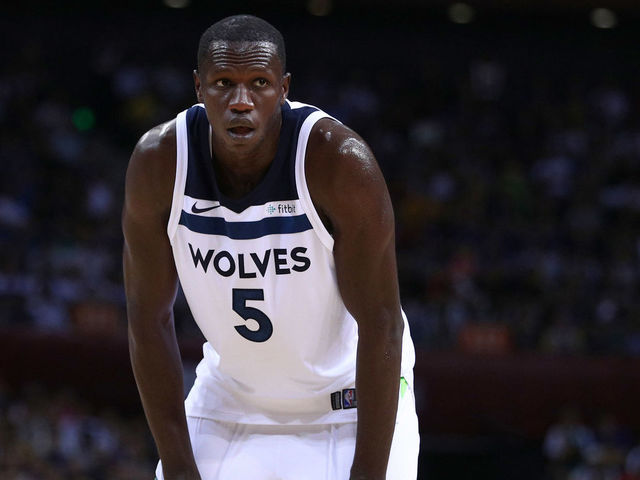 SHENZHEN, CHINA - OCTOBER 05: Gorgui Dieng #5 of the Minnesota Timberwolves looks on during the game between the Minnesota Timberwolves and the Golden State Warriors as part of 2017 NBA Global Games China at Universidade Center on October 5, 2017 in Shenzhen, China.