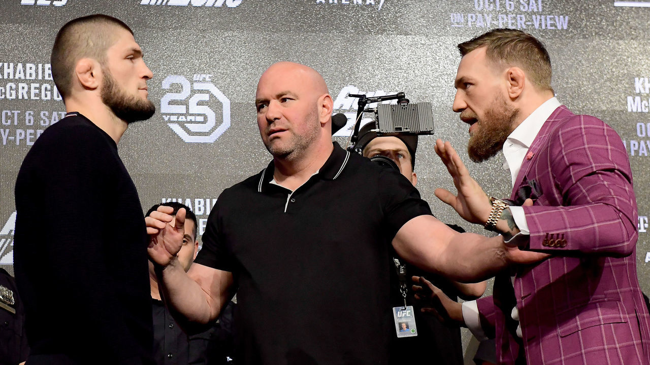 NEW YORK, NY - SEPTEMBER 20: Lightweight champion Khabib Nurmagomedov faces-off with Conor McGregor during the UFC 229 Press Conference at Radio City Music Hall on September 20, 2018 in New York City.