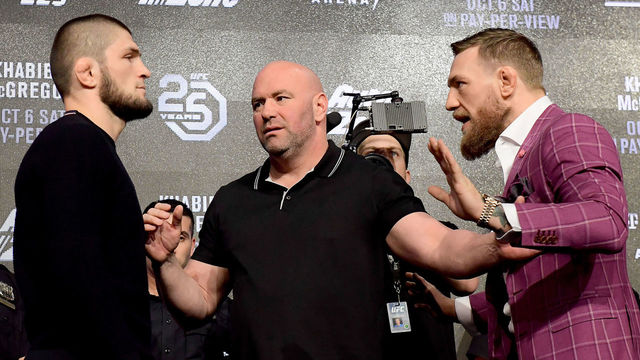 NEW YORK, NY - SEPTEMBER 20: Lightweight champion Khabib Nurmagomedov faces-off with Conor McGregor during the UFC 229 Press Conference at Radio City Music Hall on September 20, 2018 in New York City.
