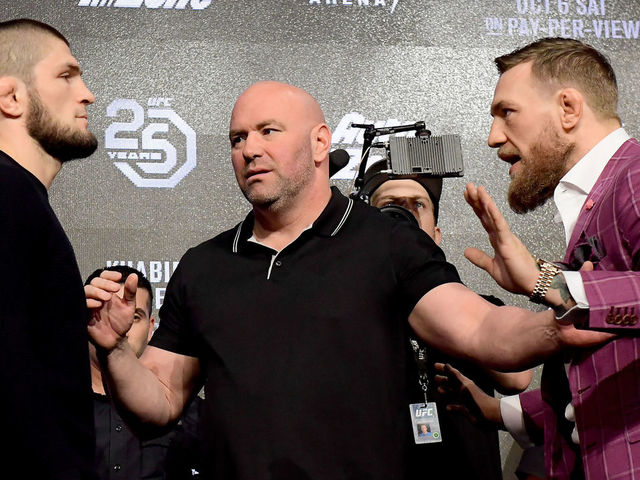 NEW YORK, NY - SEPTEMBER 20: Lightweight champion Khabib Nurmagomedov faces-off with Conor McGregor during the UFC 229 Press Conference at Radio City Music Hall on September 20, 2018 in New York City.