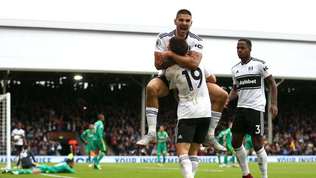 LONDON, ENGLAND - SEPTEMBER 22: Aleksandar Mitrovic of Fulham celebrates after scoring his sides first goal during the Premier League match between Fulham FC and Watford FC at Craven Cottage on September 22, 2018 in London, United Kingdom.