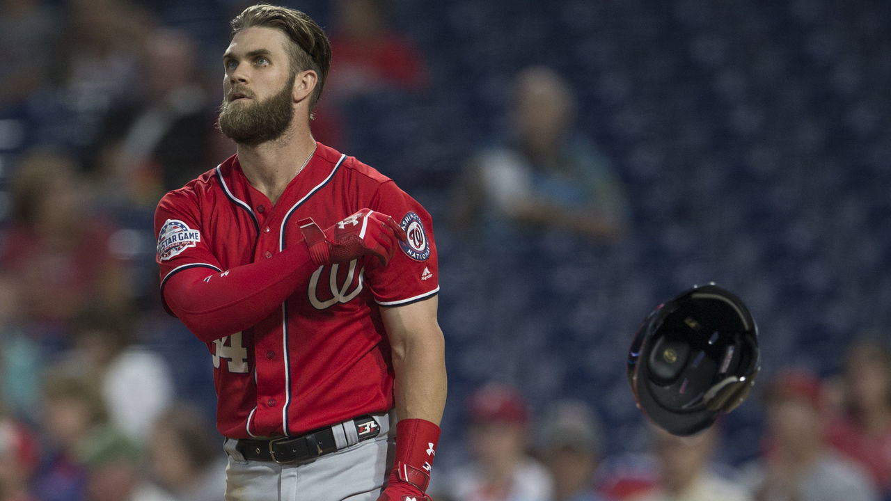 PHILADELPHIA, PA - SEPTEMBER 11: Bryce Harper #34 of the Washington Nationals tosses his helmet after striking out to end the first inning against the Philadelphia Phillies in game two of the doubleheader at Citizens Bank Park on September 11, 2018 in Philadelphia, Pennsylvania.