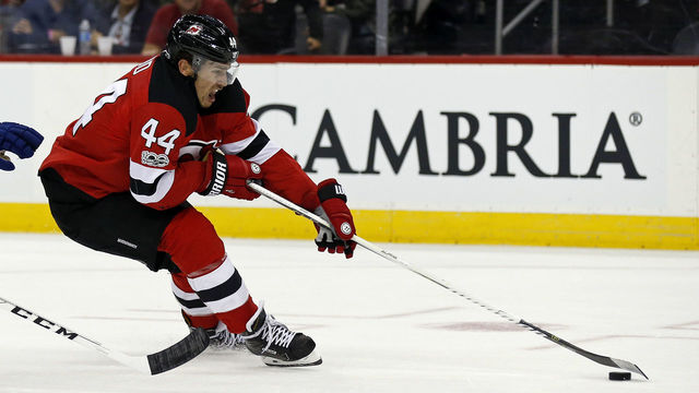 NEWARK, NJ - OCTOBER 17: Miles Wood #44 of the New Jersey Devils in action against the Tampa Bay Lightning during the second period at the Prudential Center on October 17, 2017 in Newark, New Jersey.