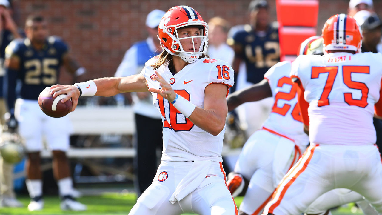 ATLANTA, GA - SEPTEMBER 22: Trevor Lawrence #16 of the Clemson Tigers passes against the Georgia Tech Yellow Jackets on September 22, 2018 in Atlanta, Georgia.