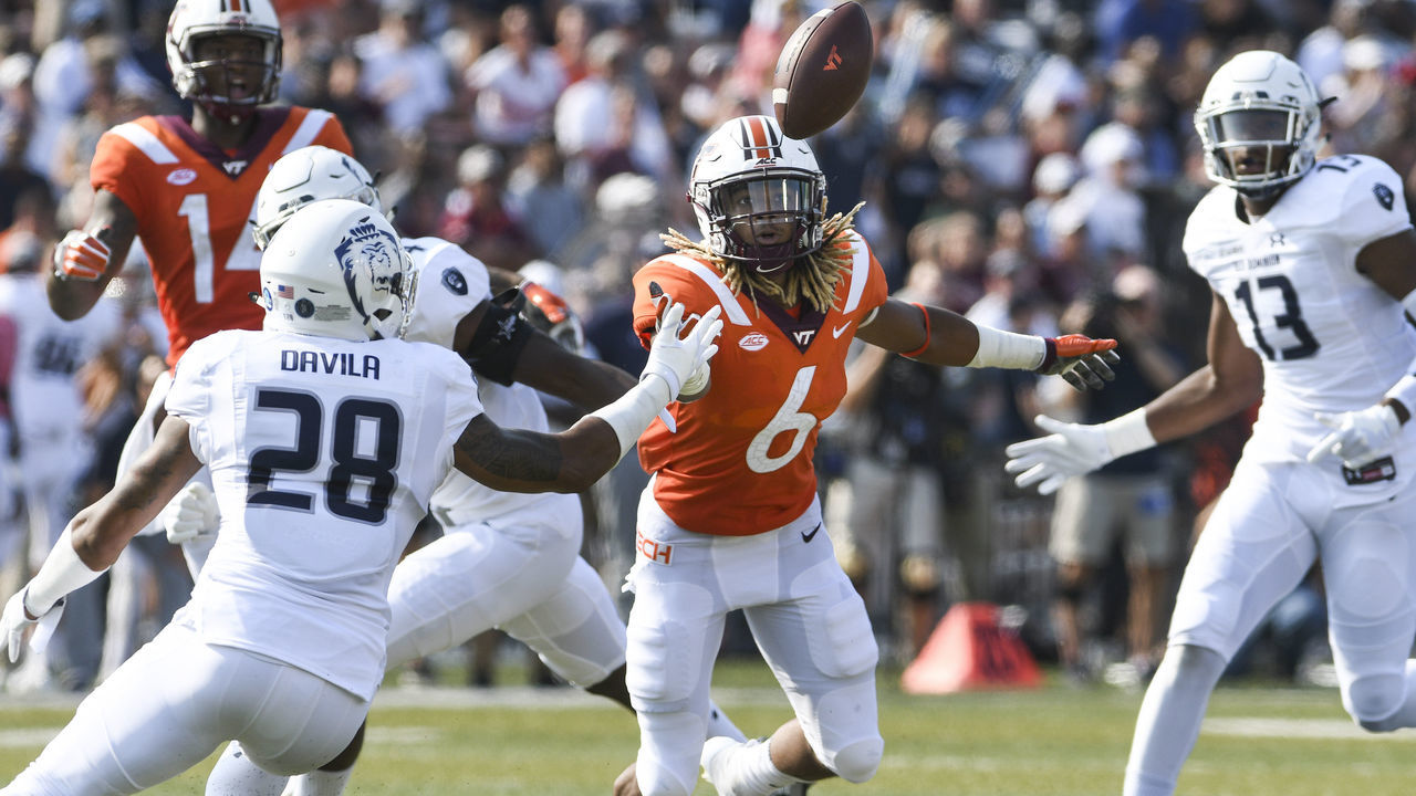 BLACKSBURG, VA - SEPTEMBER 22: Wide receiver Hezekiah Grimsley #6 of the Virginia Tech Hokies drops a tipped pass against the Old Dominion Monarchs in the first half at S. B. Ballard Stadium on September 22, 2018 in Norfolk, Virginia.