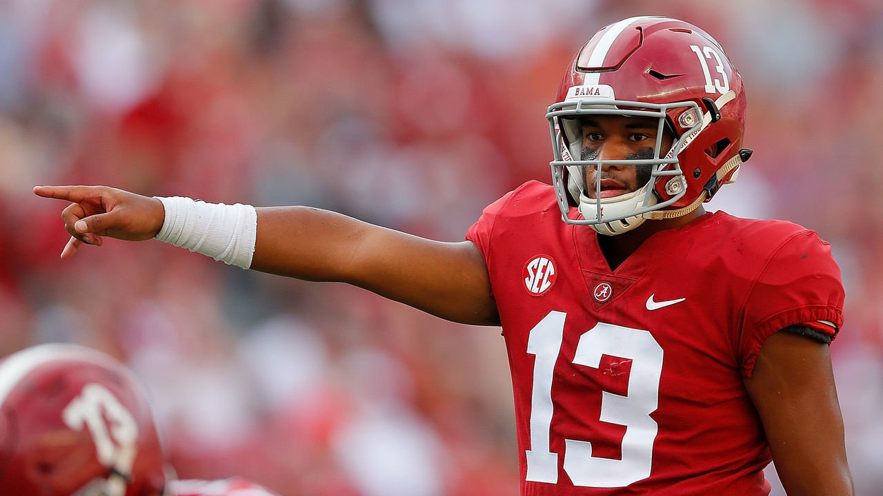 TUSCALOOSA, AL - SEPTEMBER 08: Tua Tagovailoa #13 of the Alabama Crimson Tide runs the offense against the Arkansas State Red Wolves at Bryant-Denny Stadium on September 8, 2018 in Tuscaloosa, Alabama.