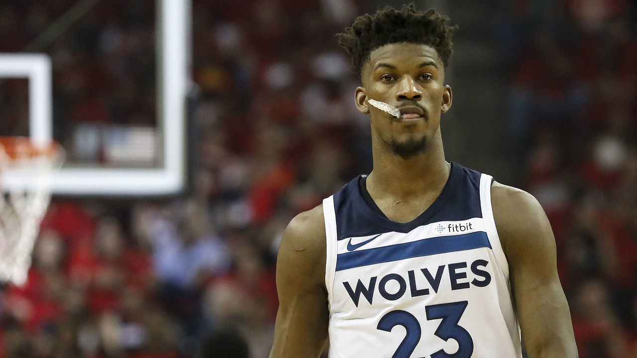 HOUSTON, TX - APRIL 25: Jimmy Butler #23 of the Minnesota Timberwolves reacts in the first half during Game Five of the first round of the 2018 NBA Playoffs against the Houston Rockets at Toyota Center on April 25, 2018 in Houston, Texas.