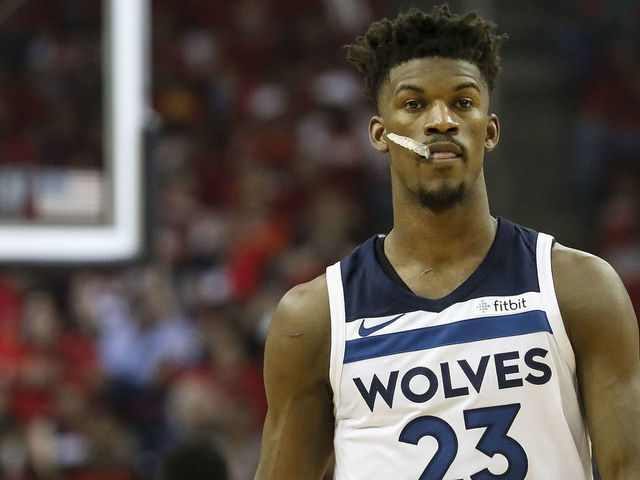 HOUSTON, TX - APRIL 25: Jimmy Butler #23 of the Minnesota Timberwolves reacts in the first half during Game Five of the first round of the 2018 NBA Playoffs against the Houston Rockets at Toyota Center on April 25, 2018 in Houston, Texas.