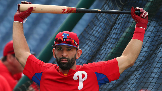 PHILADELPHIA, PA - SEPTEMBER 15: Jose Bautista #19 of the Philadelphia Phillies warms up for batting practice before a game against the Miami Marlins at Citizens Bank Park on September 15, 2018 in Philadelphia, Pennsylvania.