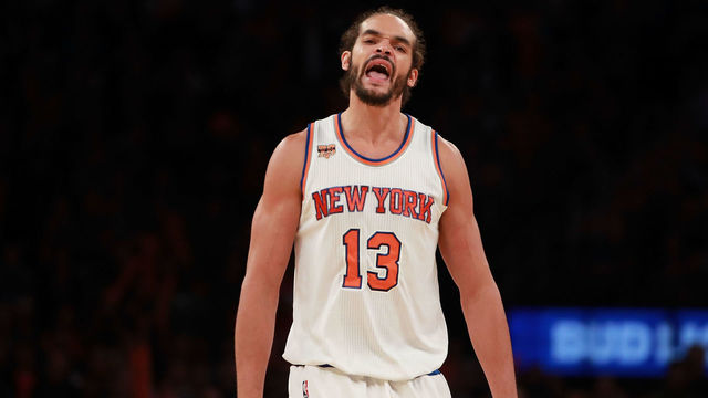 NEW YORK, NY - OCTOBER 29: Joakim Noah #13 of the New York Knicks reacts against the Memphis Grizzlies during the second half at Madison Square Garden on October 29, 2016 in New York City.