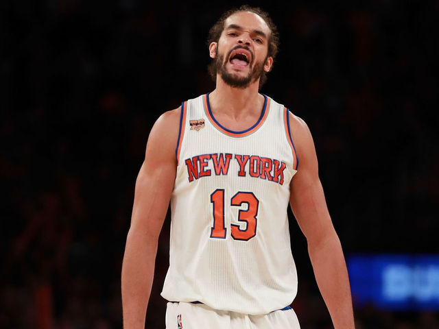 NEW YORK, NY - OCTOBER 29: Joakim Noah #13 of the New York Knicks reacts against the Memphis Grizzlies during the second half at Madison Square Garden on October 29, 2016 in New York City.