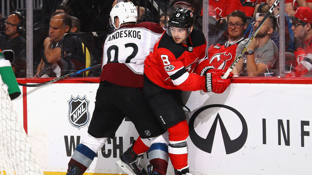 NEWARK, NJ - OCTOBER 07: Will Butcher #8 of the New Jersey Devils skates in his first NHL game against the Colorado Avalanche at the Prudential Center on October 7, 2017 in Newark, New Jersey.