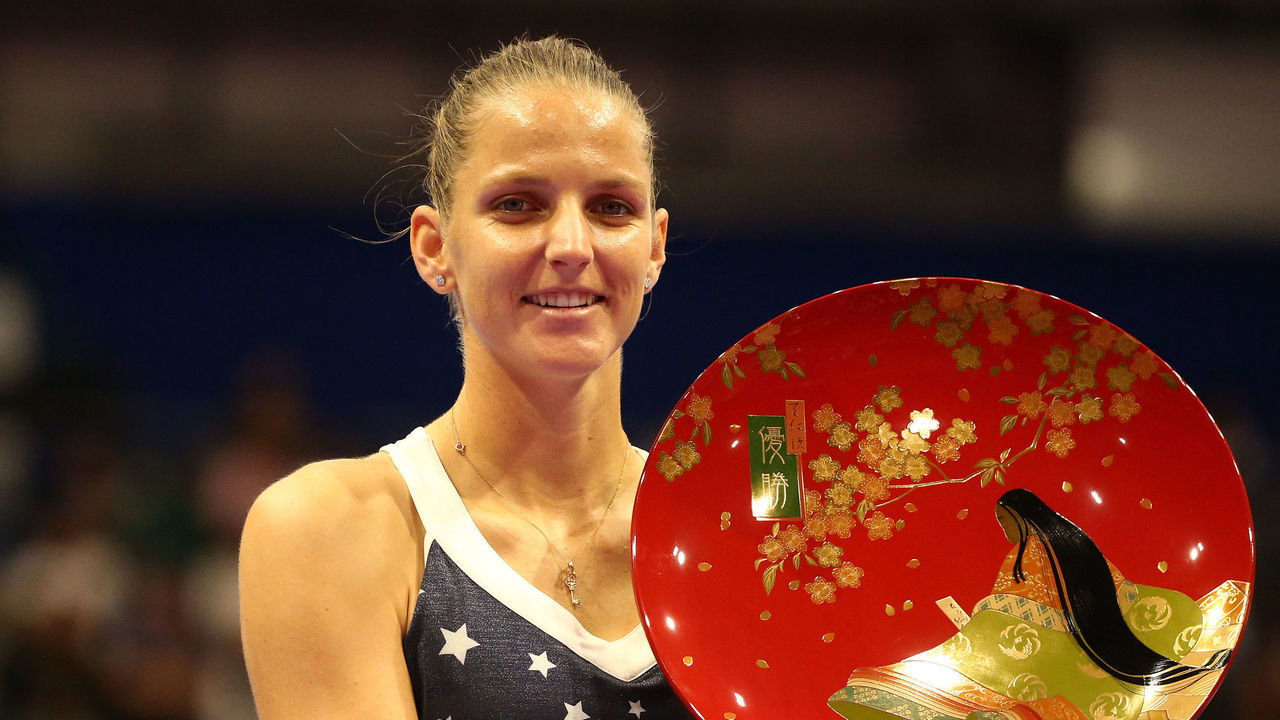 TACHIKAWA, JAPAN - SEPTEMBER 23: Singles champion Karolina Pliskova of the Czech Republic poses for photographs with the trophy after the Singles final against Naomi Osaka of Japan on day seven of the Toray Pan Pacific Open at Arena Tachikawa Tachihi on September 23, 2018 in Tachikawa, Tokyo, Japan.