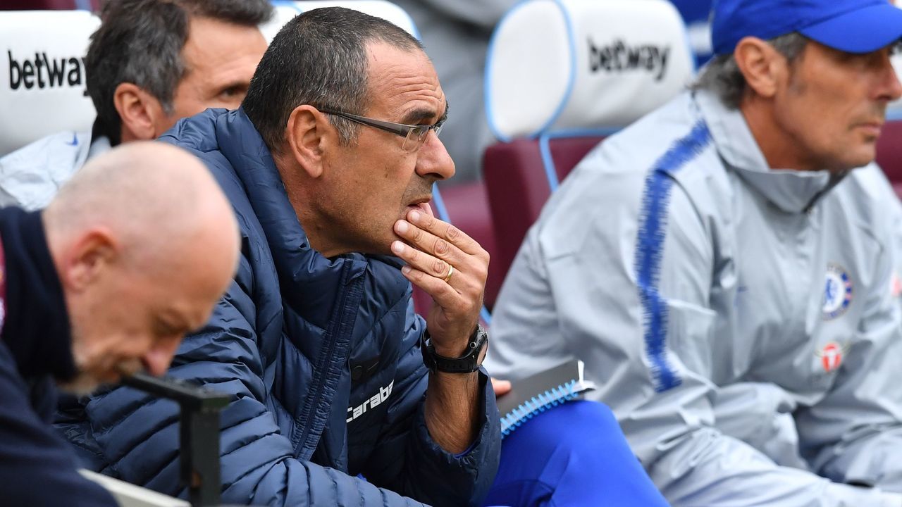 Chelsea's Italian head coach Maurizio Sarri awaits kick off in the English Premier League football match between West Ham United and Chelsea at The London Stadium, in east London on September 23, 2018.