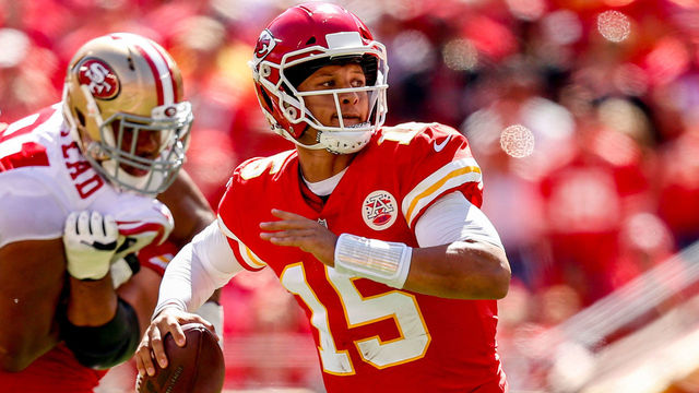 KANSAS CITY, MO - SEPTEMBER 23: Patrick Mahomes #15 of the Kansas City Chiefs throws a pass during the second quarter of the game against the San Francisco 49ers at Arrowhead Stadium on September 23rd, 2018 in Kansas City, Missouri.