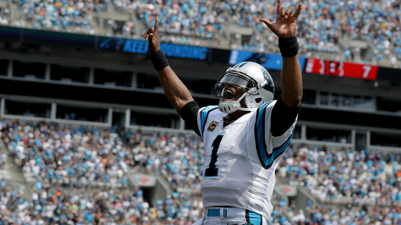 CHARLOTTE, NC - SEPTEMBER 23: Cam Newton #1 of the Carolina Panthers celebrates a touchdown against the Cincinnati Bengals in the first quarter during their game at Bank of America Stadium on September 23, 2018 in Charlotte, North Carolina.