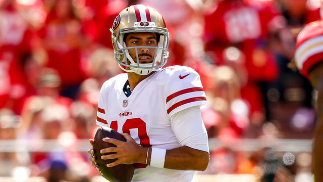 KANSAS CITY, MO - SEPTEMBER 23: Jimmy Garoppolo #10 of the San Francisco 49ers looks to pass during the second quarter of the game against the Kansas City Chiefs at Arrowhead Stadium on September 23rd, 2018 in Kansas City, Missouri.