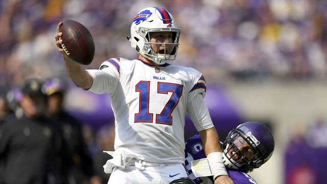 MINNEAPOLIS, MN - SEPTEMBER 23: Josh Allen #17 of the Buffalo Bills is tackled with the ball by Anthony Barr #55 of the Minnesota Vikings in the first half of the game at U.S. Bank Stadium on September 23, 2018 in Minneapolis, Minnesota. Barr was penalized on the play for a horse-collar tackle.