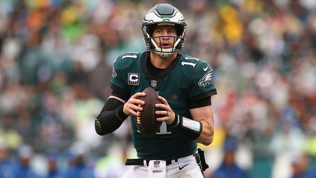 PHILADELPHIA, PA - SEPTEMBER 23: Quarterback Carson Wentz #11 of the Philadelphia Eagles looks to pass against the Indianapolis Colts during the third quarter at Lincoln Financial Field on September 23, 2018 in Philadelphia, Pennsylvania.