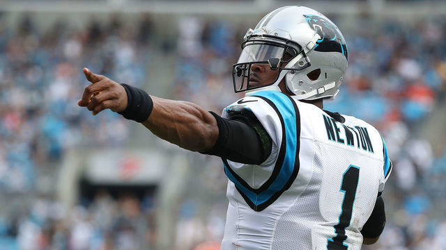 CHARLOTTE, NC - SEPTEMBER 23: Cam Newton #1 of the Carolina Panthers signals a first down against the Cincinnati Bengals in the fourth quarter during their game at Bank of America Stadium on September 23, 2018 in Charlotte, North Carolina.