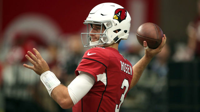 GLENDALE, AZ - SEPTEMBER 9: Quarterback Josh Rosen #3 of the Arizona Cardinals warms up before the game against the Washington Redskins at State Farm Stadium on September 9, 2018 in Glendale, Arizona.