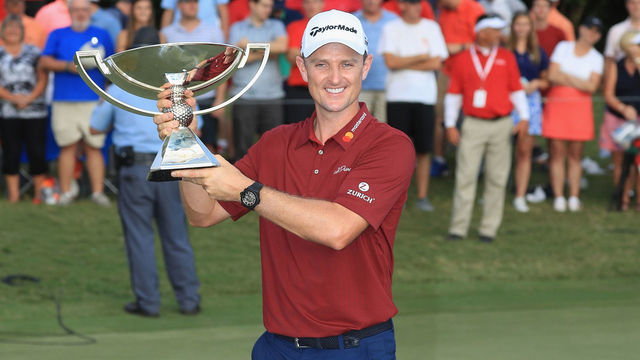 ATLANTA, GA - SEPTEMBER 23: 2018 FedEx Cup Champion Justin Rose of England poses with the FedExCup trophy after the final round of the TOUR Championship at East Lake Golf Club on September 23, 2018 in Atlanta, Georgia.