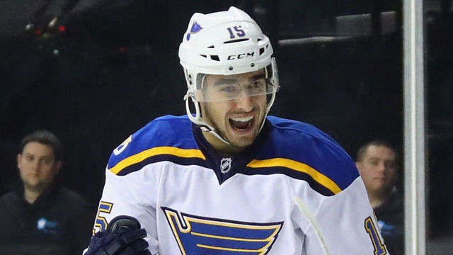 NEW YORK, NY - DECEMBER 08: Robby Fabbri #15 of the St. Louis Blues celebrates his goal at 4:36 of the first period against the New York Islanders at the Barclays Center on December 8, 2016 in the Brooklyn borough of New York City.