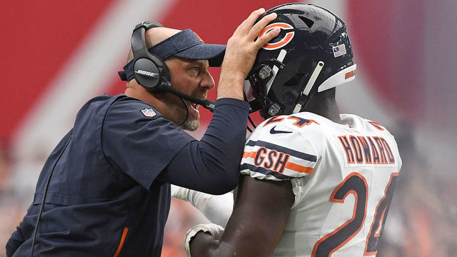 GLENDALE, AZ - SEPTEMBER 23: Running back Jordan Howard #24 of the Chicago Bears celebrates with head coach Matt Nagy after scoring a one yard touchdown in the second half of the NFL game against the Arizona Cardinals at State Farm Stadium on September 23, 2018 in Glendale, Arizona.