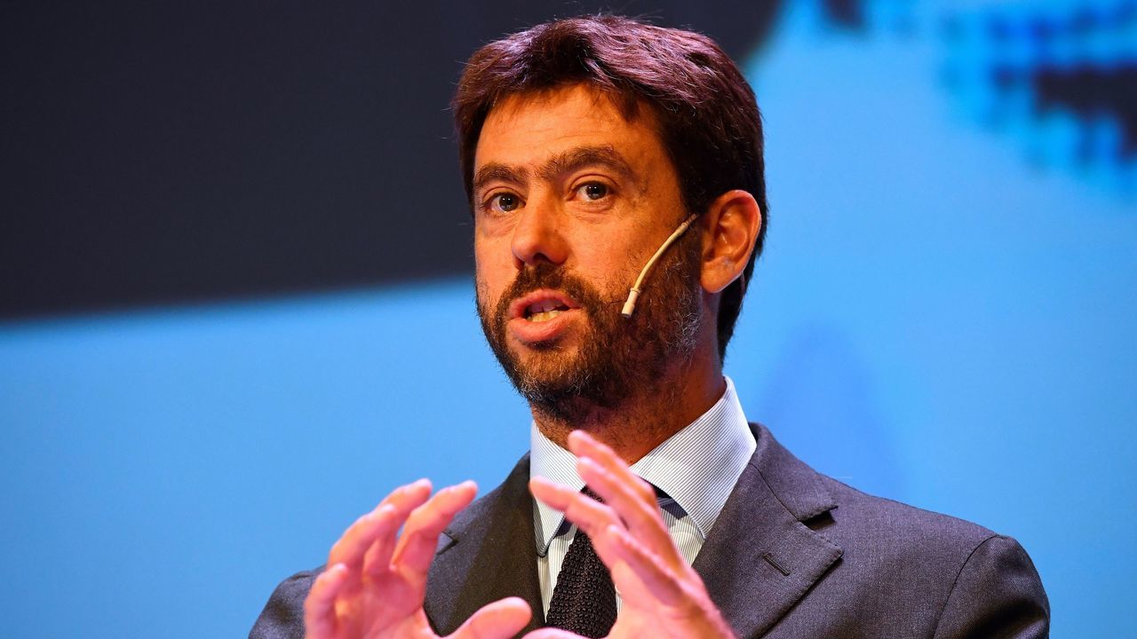 Juventus' president Andrea Agnelli gives a speech during the World Football Summit (WFS18) on September 24, 2018 in Madrid.