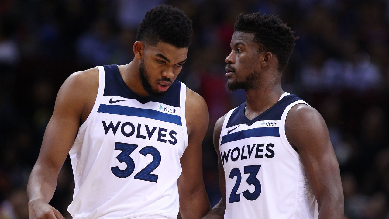 SHENZHEN, CHINA - OCTOBER 05: Jimmy Butler #23 and Karl-Anthony Towns #32 of the Minnesota Timberwolves talk to each other during the game between the Minnesota Timberwolves and the Golden State Warriors as part of 2017 NBA Global Games China at Universidade Center on October 5, 2017 in Shenzhen, China.