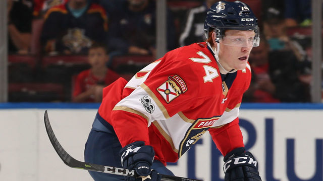 SUNRISE, FL - OCTOBER 30: Owen Tippett #74 of the Florida Panthers skates during second period action against the Tampa Bay Lightning at the BB&T Center on October 30, 2017 in Sunrise, Florida. The Lightning defeated the Panthers 8-5.