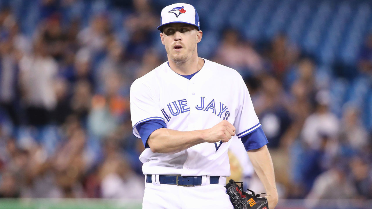 TORONTO, ON - AUGUST 20: Ken Giles #51 of the Toronto Blue Jays reacts after recording a save as he gets the final out of the game in the ninth inning during MLB game action against the Baltimore Orioles at Rogers Centre on August 20, 2018 in Toronto, Canada.