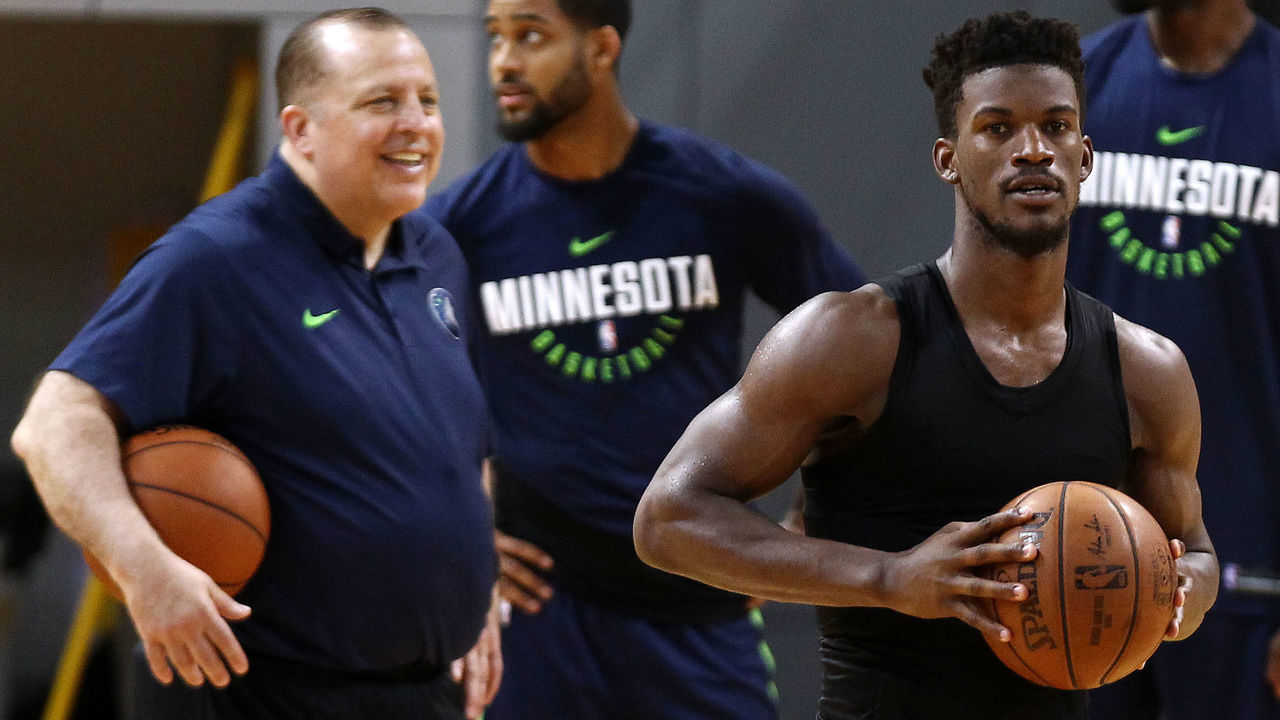SHENZHEN, CHINA - OCTOBER 04: Head coach Tom Thibodeau(L) and Jimmy Butler #23 of the Minnesota Timberwolves looks on during practice at Shenzhen Gymnasium as part of 2017 NBA Global Games China on October 4, 2017 in Shenzhen, China.