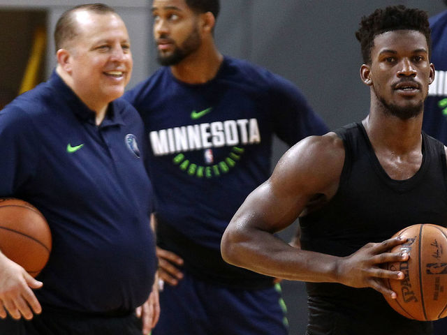 SHENZHEN, CHINA - OCTOBER 04: Head coach Tom Thibodeau(L) and Jimmy Butler #23 of the Minnesota Timberwolves looks on during practice at Shenzhen Gymnasium as part of 2017 NBA Global Games China on October 4, 2017 in Shenzhen, China.
