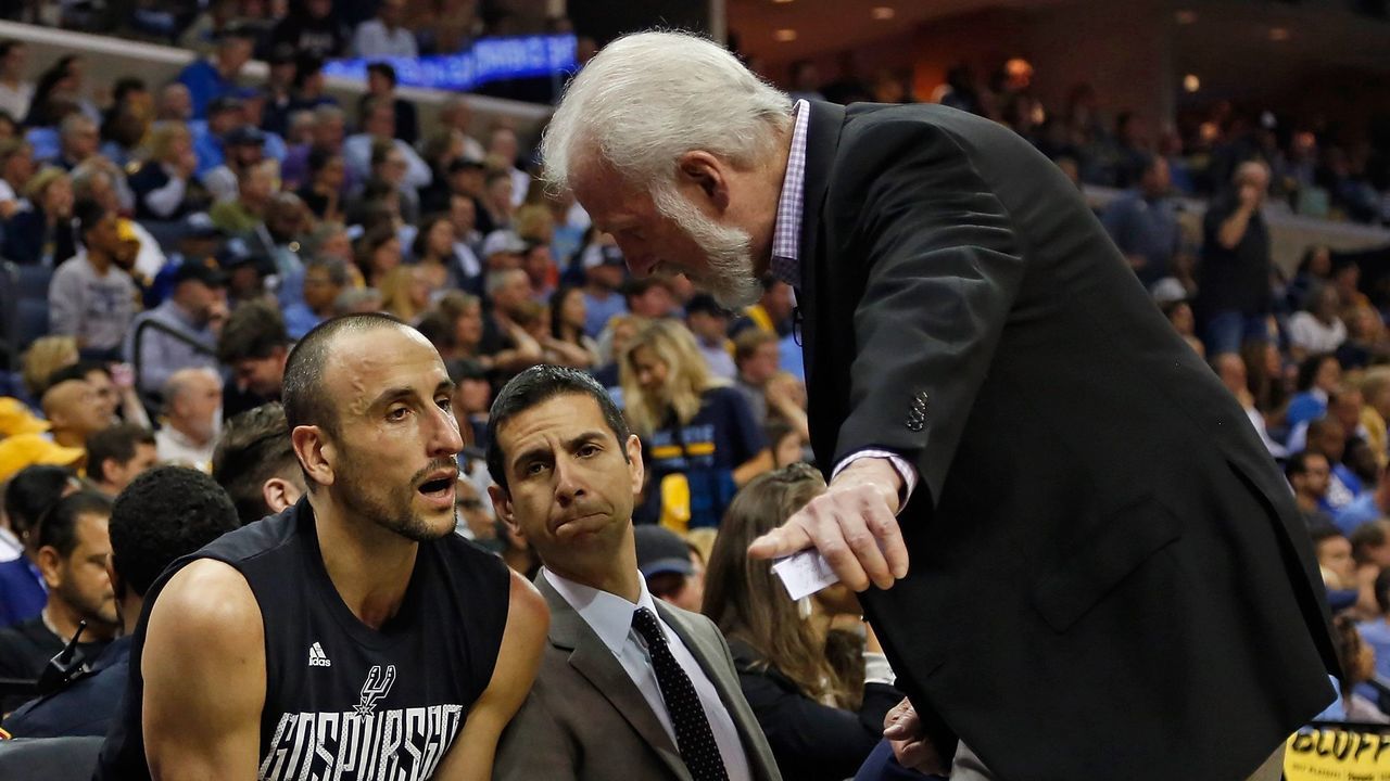 MEMPHIS, TN - APRIL 27: Head coach Gregg Popovich of the San Antonio Spurs coaches Manu Ginobili #20 during the second half of a 103-96 Spurs victory over the Memphis Grizzlies in Game 6 of the Western Conference Quarterfinals during the 2017 NBA Playoffs at FedExForum on April 27, 2017 in Memphis, Tennessee.
