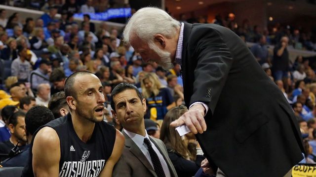 MEMPHIS, TN - APRIL 27: Head coach Gregg Popovich of the San Antonio Spurs coaches Manu Ginobili #20 during the second half of a 103-96 Spurs victory over the Memphis Grizzlies in Game 6 of the Western Conference Quarterfinals during the 2017 NBA Playoffs at FedExForum on April 27, 2017 in Memphis, Tennessee.