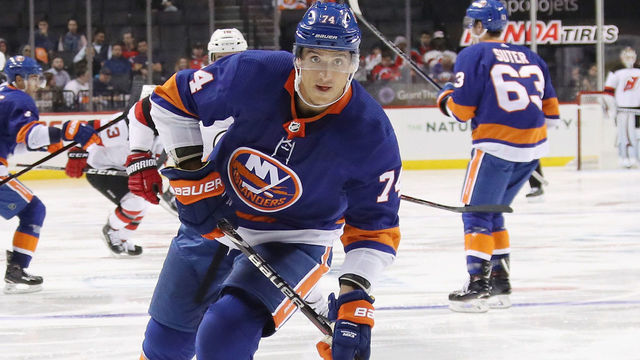 NEW YORK, NEW YORK - SEPTEMBER 20: Luca Sbisa #74 of the New York Islanders skates against the New Jersey Devils during a preseason game at the Barclays Center on September 20, 2018 in the Brooklyn borough of New York City.