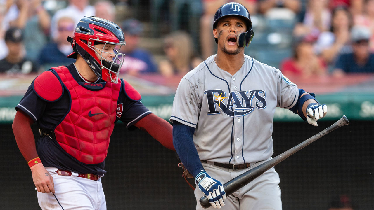 CLEVELAND, OH - SEPTEMBER 2: Catcher Roberto Perez #55 of the Cleveland Indians tags Carlos Gomez #27 of the Tampa Bay Rays as he reacts after striking out during the fourth inning at Progressive Field on September 2, 2018 in Cleveland, Ohio.