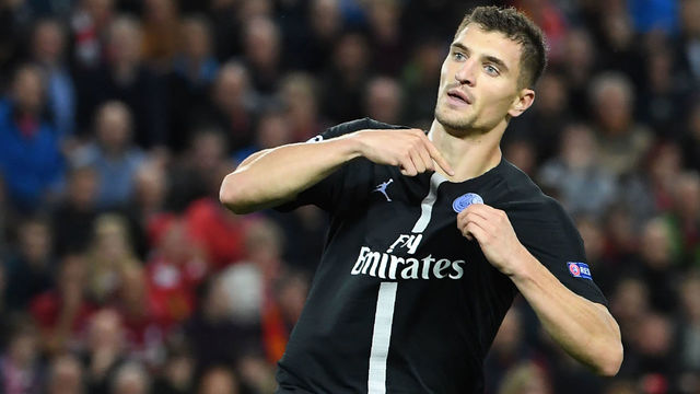 Paris Saint-Germain's Belgian defender Thomas Meunier celebrates scoring the team's first goal during the UEFA Champions League group C football match between Liverpool and Paris Saint-Germain at Anfield in Liverpool, north west England on September 18, 2018.