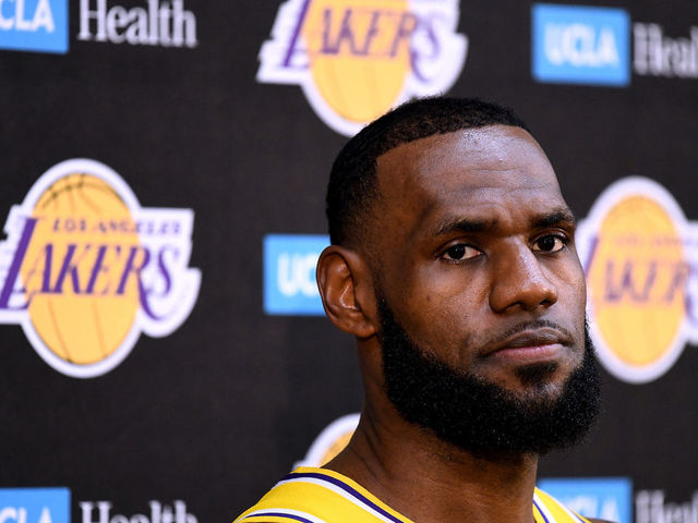 EL SEGUNDO, CA - SEPTEMBER 24: LeBron James of the Los Angeles Lakers reacts as he speaks to the media during the Los Angeles Lakers Media Day at the UCLA Health Training Center on September 24, 2018 in El Segundo, California.