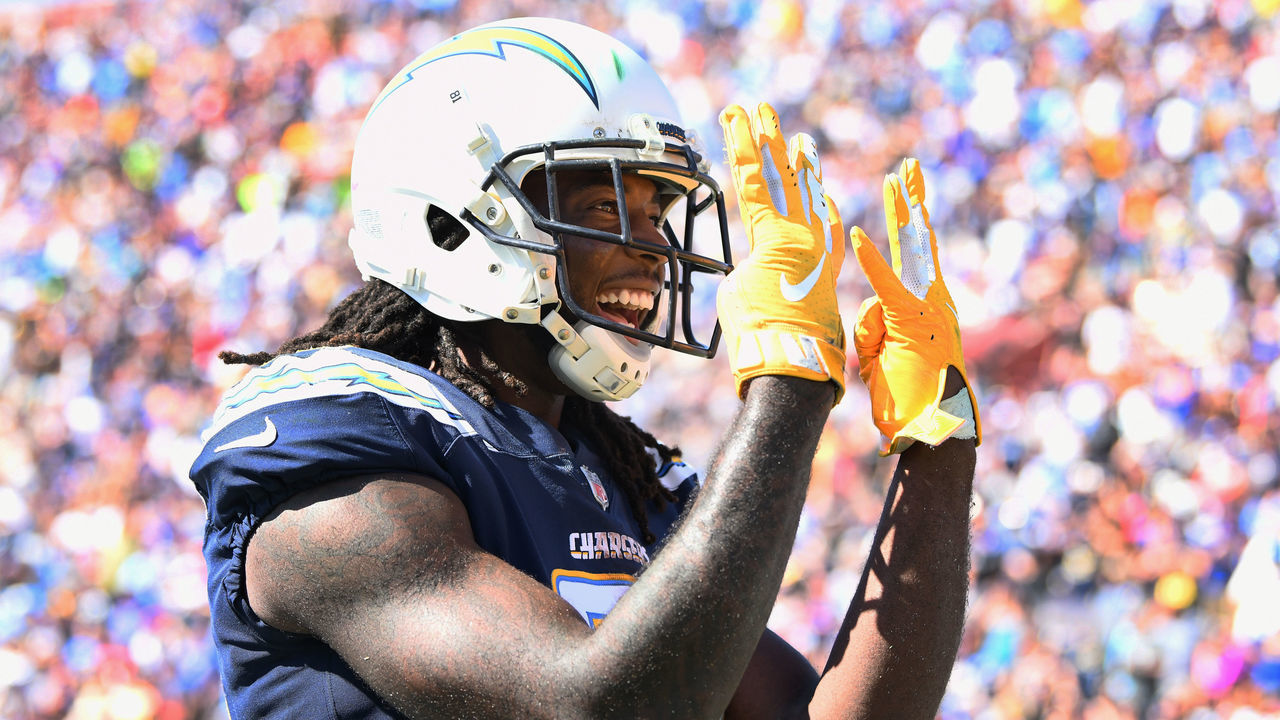 LOS ANGELES, CA - SEPTEMBER 23: Mike Williams #81 of the Los Angeles Chargers celebrates his touchdown against the Los Angeles Rams during the third quarter of the game at Los Angeles Memorial Coliseum on September 23, 2018 in Los Angeles, California.