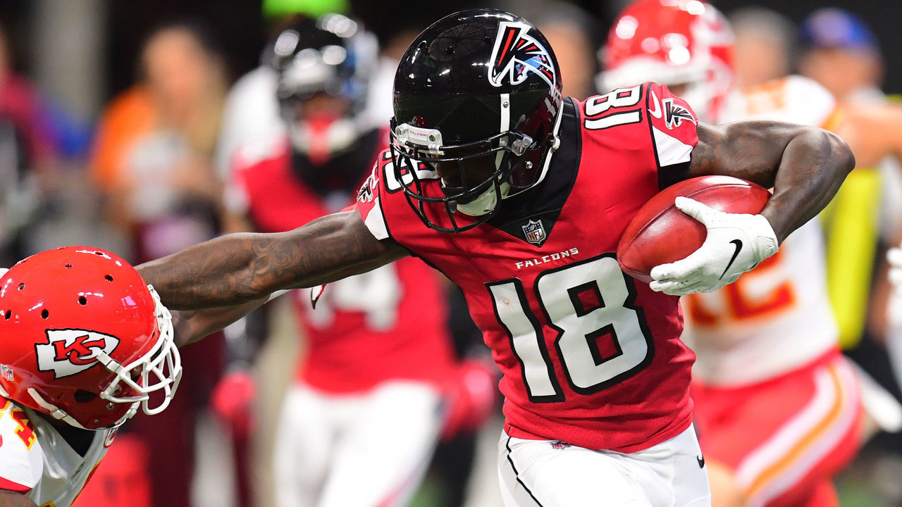 ATLANTA, GA - AUGUST 17: Calvin Ridley #18 of the Atlanta Falcons returns a kick against David Amerson #24 of the Kansas City Chiefs during a preseason game at Mercedes-Benz Stadium on August 17, 2018 in Atlanta, Georgia.