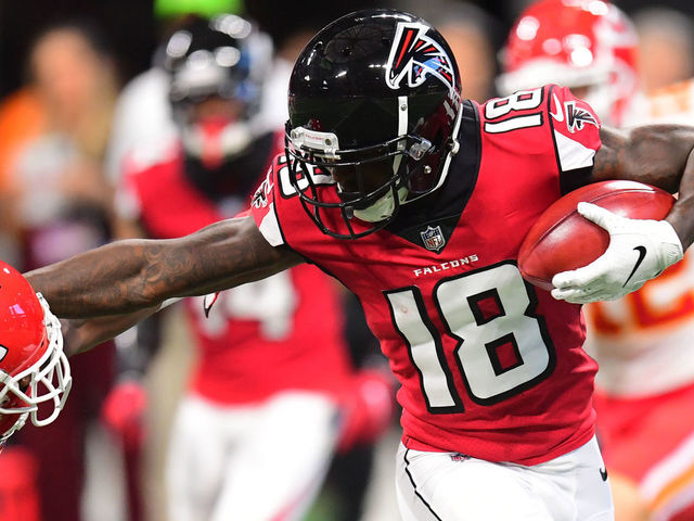 ATLANTA, GA - AUGUST 17: Calvin Ridley #18 of the Atlanta Falcons returns a kick against David Amerson #24 of the Kansas City Chiefs during a preseason game at Mercedes-Benz Stadium on August 17, 2018 in Atlanta, Georgia.
