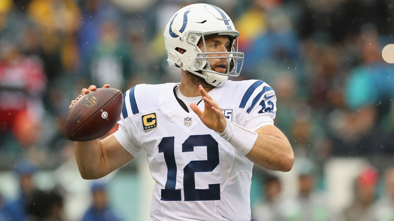 PHILADELPHIA, PA - SEPTEMBER 23: Quarterback Andrew Luck #12 of the Indianapolis Colts looks to pass against the Philadelphia Eagles during the first quarter at Lincoln Financial Field on September 23, 2018 in Philadelphia, Pennsylvania.