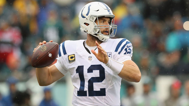 PHILADELPHIA, PA - SEPTEMBER 23: Quarterback Andrew Luck #12 of the Indianapolis Colts looks to pass against the Philadelphia Eagles during the first quarter at Lincoln Financial Field on September 23, 2018 in Philadelphia, Pennsylvania.
