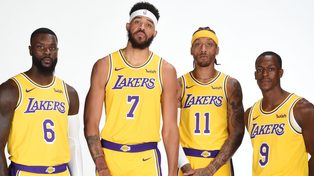 EL SEGUNDO, CA - SEPTEMBER 24: Lance Stephenson #6 JaVale McGee #7 Michael Beasley #11 and Rajon Rondo #9 of the Los Angeles Lakers pose for a portrait during media day at UCLA Health Training Center on September 24, 2018 in El Segundo, California. NOTE TO USER: User expressly acknowledges and agrees that, by downloading and/or using this Photograph, user is consenting to the terms and conditions of the Getty Images License Agreement. Mandatory Copyright Notice: Copyright 2018 NBAE