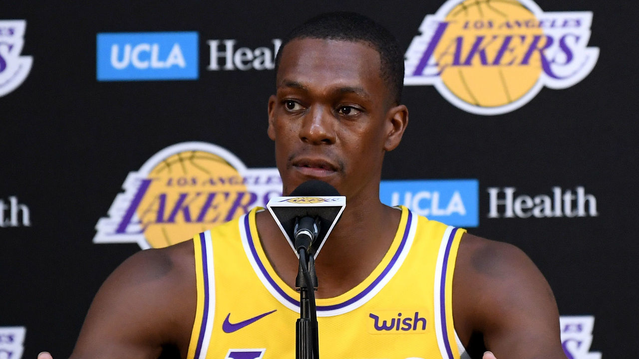 EL SEGUNDO, CA - SEPTEMBER 24: Rajon Rondo of the Los Angeles Lakers speaks to the press during the Los Angeles Lakers Media Day at the UCLA Health Training Center on September 24, 2018 in El Segundo, California.