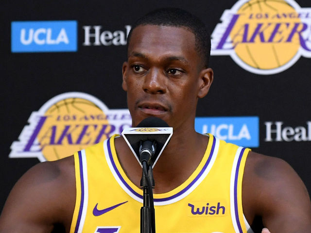 EL SEGUNDO, CA - SEPTEMBER 24: Rajon Rondo of the Los Angeles Lakers speaks to the press during the Los Angeles Lakers Media Day at the UCLA Health Training Center on September 24, 2018 in El Segundo, California.