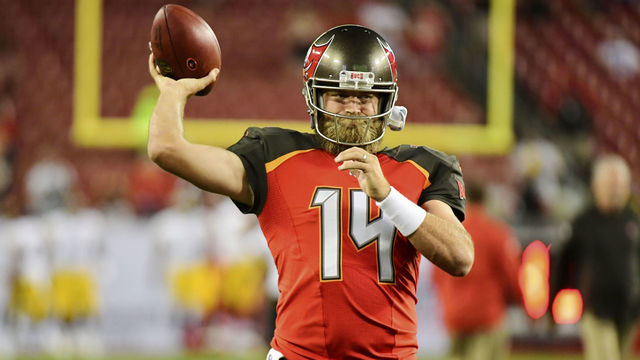 TAMPA, FL - SEPTEMBER 24: Ryan Fitzpatrick #14 of the Tampa Bay Buccaneers throws a pass during pregame warm-ups before a game against the Pittsburgh Steelers on September 24, 2018 at Raymond James Stadium in Tampa, Florida.
