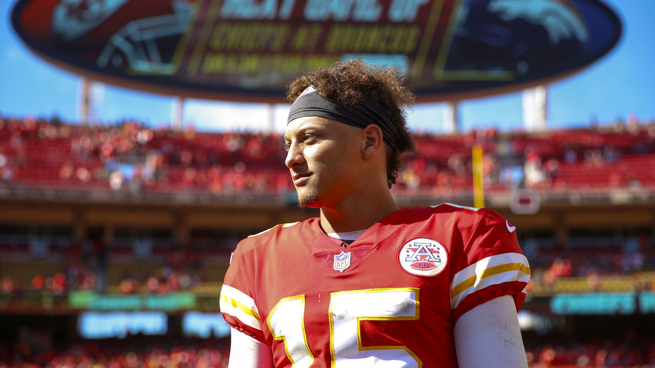 KANSAS CITY, MO - SEPTEMBER 23: Patrick Mahomes #15 of the Kansas City Chiefs looks on after a victory in the game against the San Francisco 49ers at Arrowhead Stadium on September 23rd, 2018 in Kansas City, Missouri.